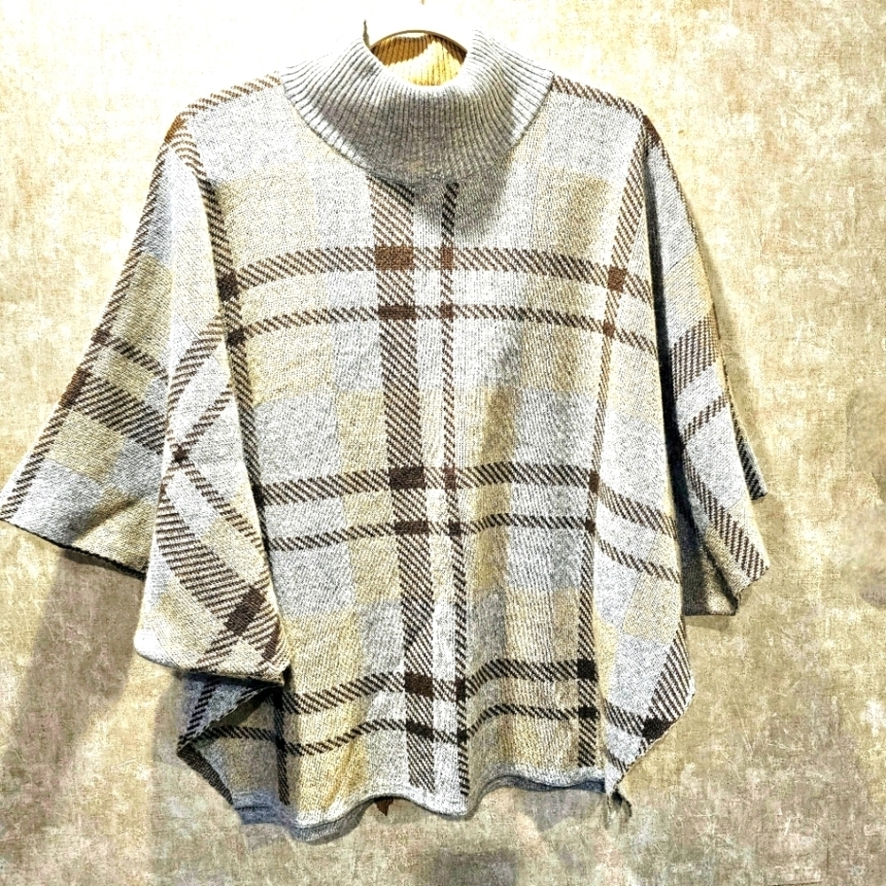 Note di Anita Plaid Poncho Sweater OS Merino Wool Cashmere Blend Italy